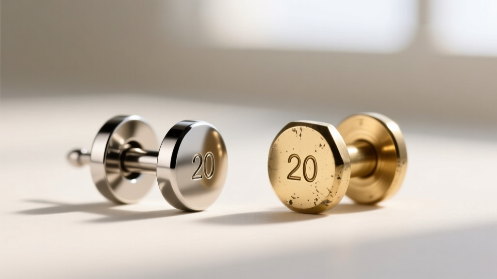 Macro shot of a 20-gauge titanium earring post next to a cheap brass post, highlighting the smooth finish and laser hallmark.