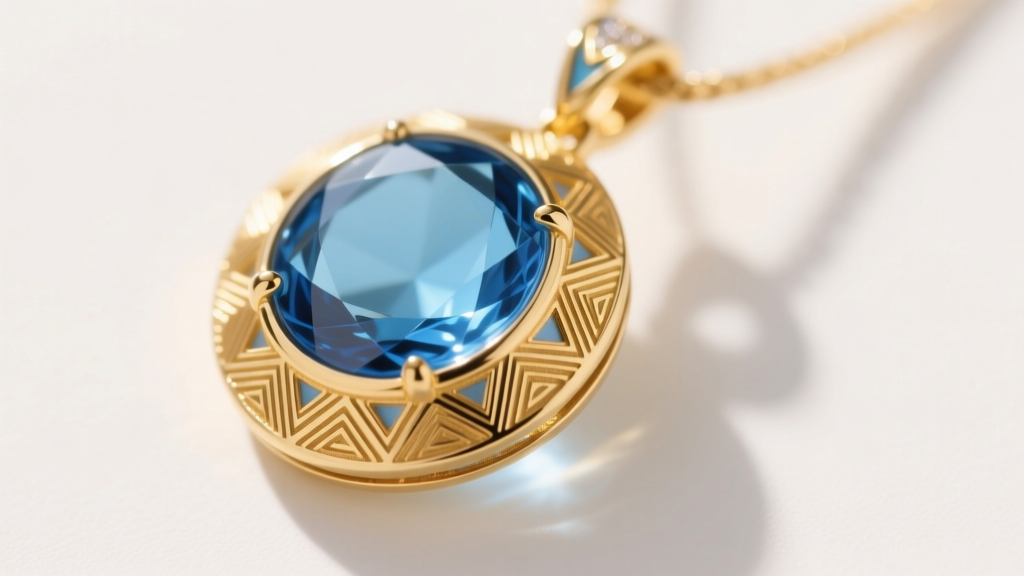Macro shot of a guilloche enamel sunshine gold pendant revealing geometric engine-turned patterns beneath translucent blue glass.