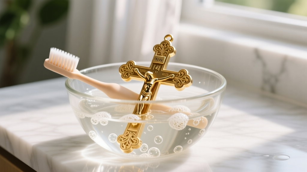 Soft baby toothbrush gently scrubbing a 14k gold rosary crucifix submerged in a clear glass bowl of warm, soapy distilled water.
