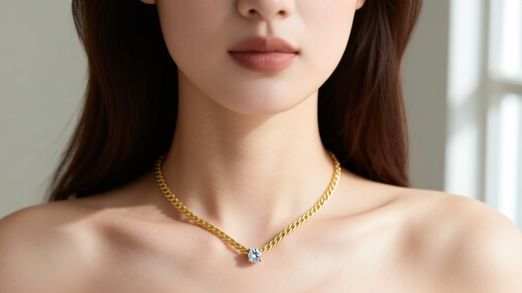 Close-up of a woman wearing a delicate 14k gold cable chain dainty necklace with a 4mm diamond pendant resting on her collarbone.
