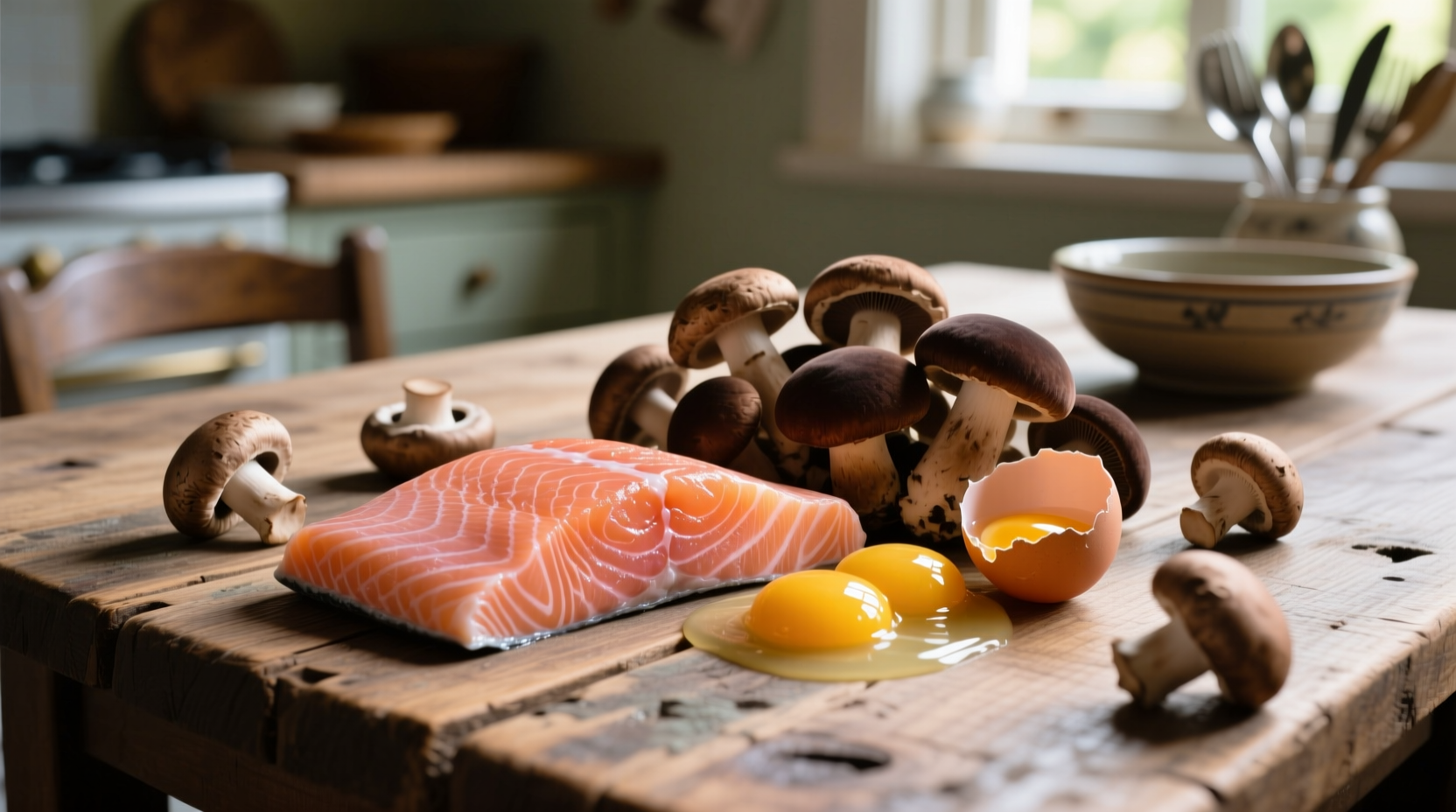 Salmon, egg yolks, and mushrooms on wooden table