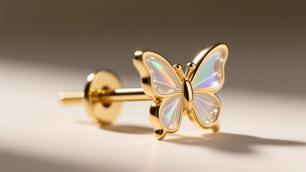 Macro view of a 20-gauge earring post and butterfly backing, showing a thin clear protective coating applied over the gold alloy