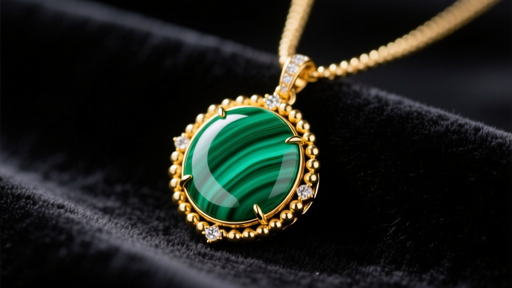 Close-up of a Van Cleef Alhambra pendant featuring vibrant green malachite set in a beaded 18k yellow gold bezel on dark velvet