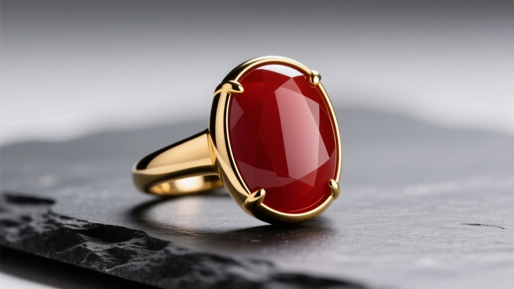 Close-up of polished red onyx cabochon in 14k gold bezel ring on dark slate, illuminated by soft directional studio lighting