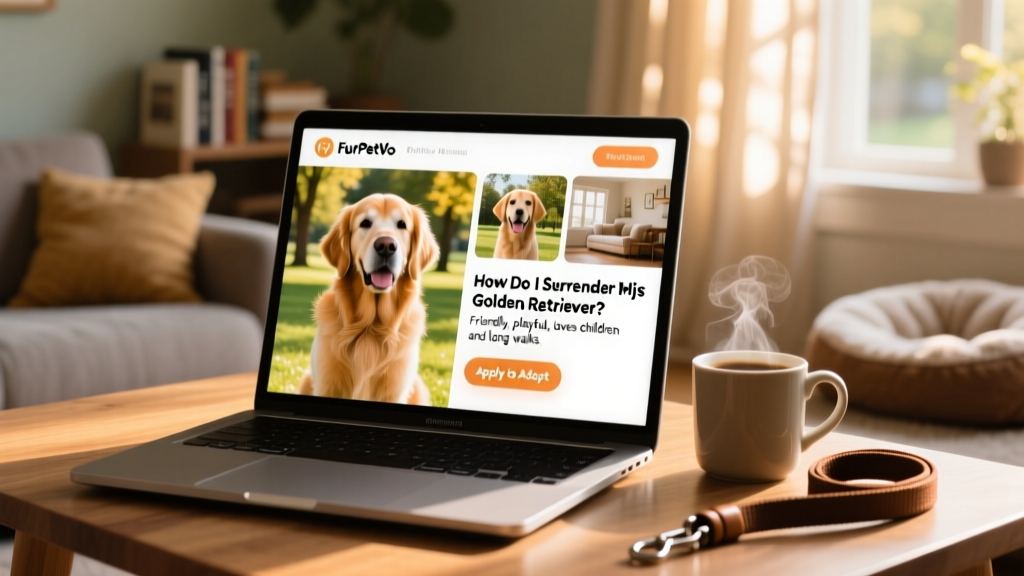 A laptop screen showing a FurPetVo profile page for a Golden Retriever, with warm photos, a friendly bio, and 'Apply to Adopt' button clearly visible