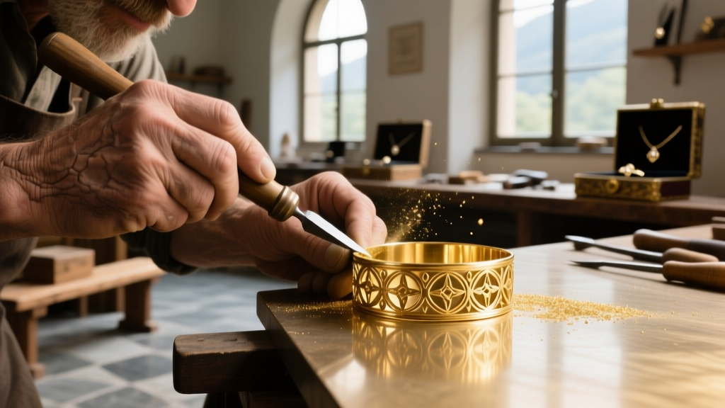 Artisan hands using a burin to apply a Florentine finish onto a wide 18k gold cuff bracelet in a sunlit Valenza jewelry workshop.