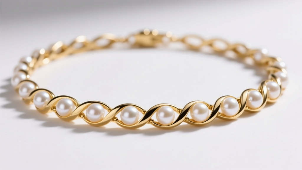 Macro shot of 18k gold channel necklace with white Akoya pearls resting in a continuous metal groove under soft studio lighting
