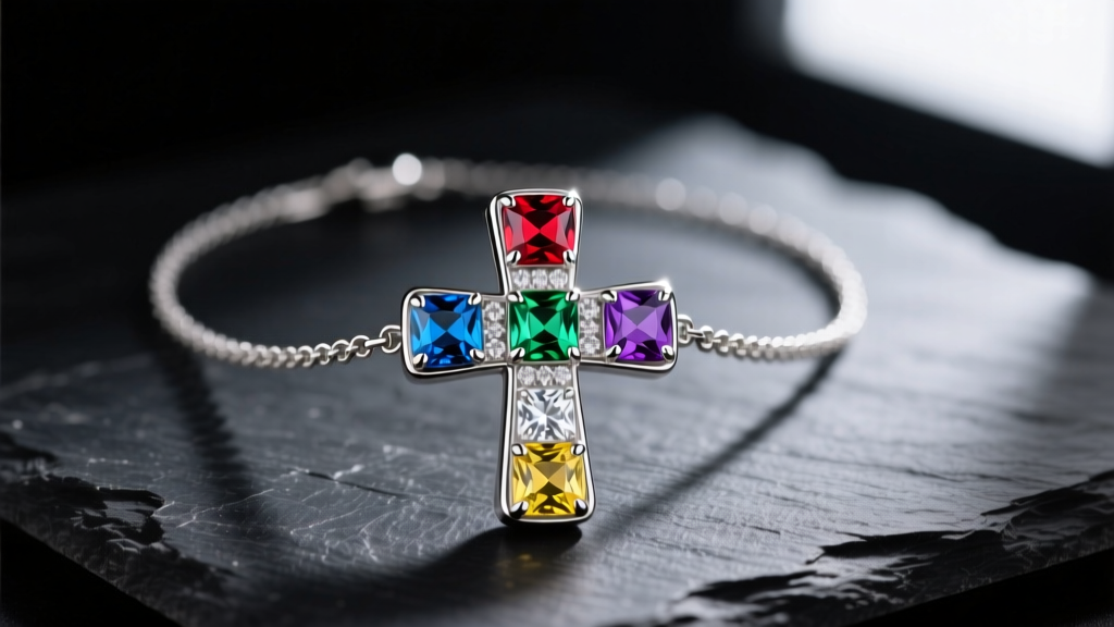 Close-up of a heavy sterling silver Thanos cross necklace with six colored cubic zirconia stones, resting on dark slate.