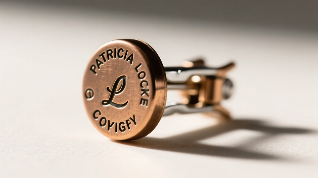 Macro shot of a Patricia Locke clip-on earring back showing the stamped copyright hallmark and padded bronze clip mechanism.