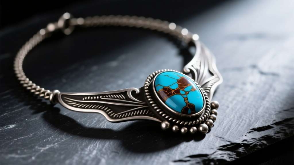 Close-up of vintage Navajo squash blossom necklace featuring dark blue Bisbee turquoise with brown matrix resting on dark slate.