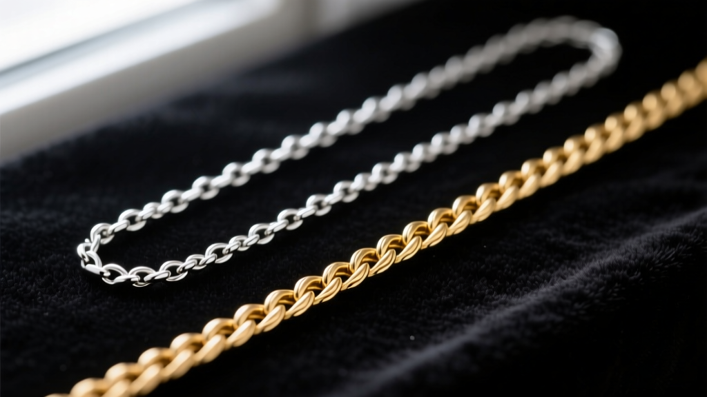 Macro photography comparing a smooth 2mm sterling silver box chain and a textured 1.5mm 14k gold wheat chain on dark velvet