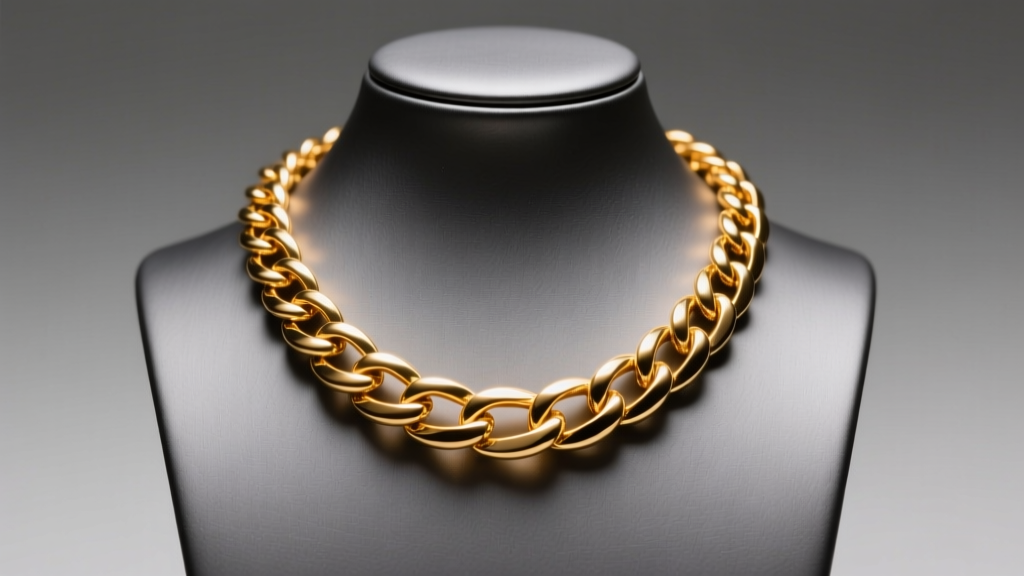 18k gold Cuban link necklace draped on a matte charcoal polyurethane mannequin bust, illuminated by focused jewelry LED spotlights