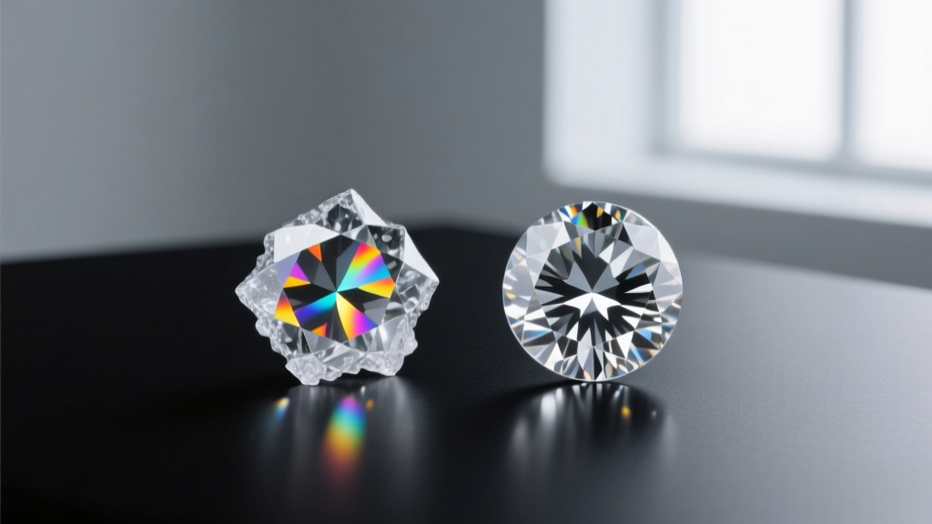 Gemological comparison of crushed ice moissanite and a round brilliant lab diamond viewed under 10x jeweler's loupe magnification.