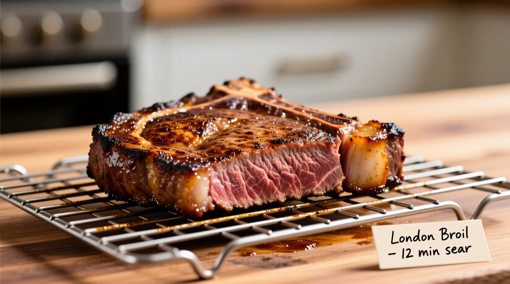 Perfectly cooked London broil with golden crust on wire rack