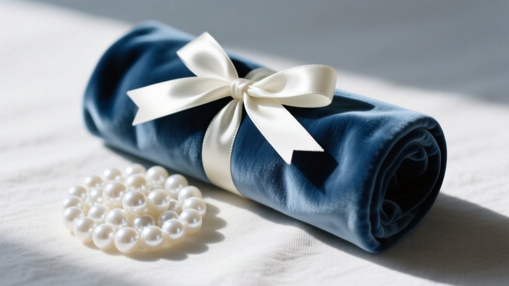 Close-up of dusty blue cotton velvet travel jewelry roll tied with satin ribbon, resting on linen surface next to white pearls.