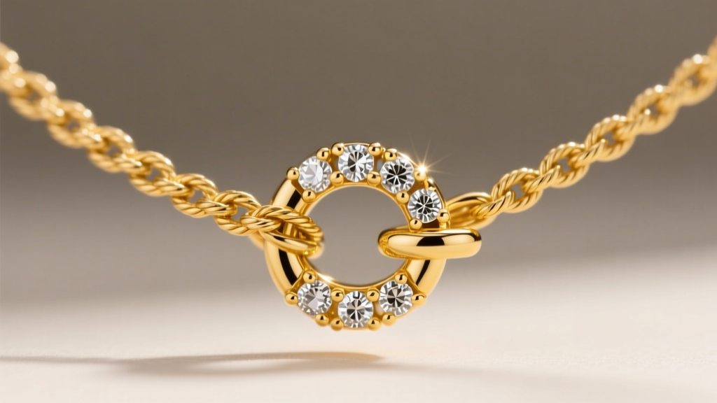 Macro shot of an 18k yellow gold lariat necklace loop, showing the 1.5mm rope chain threading through a diamond-set bail