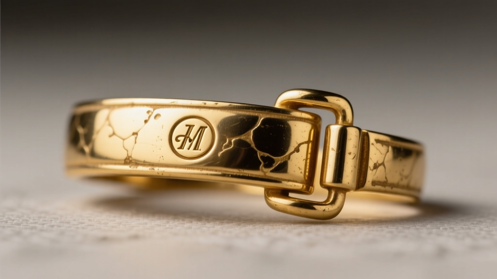 Macro shot of a vintage gold-plated jewelry clasp showing the brand hallmark stamp and slight wear on the gold electroplate.