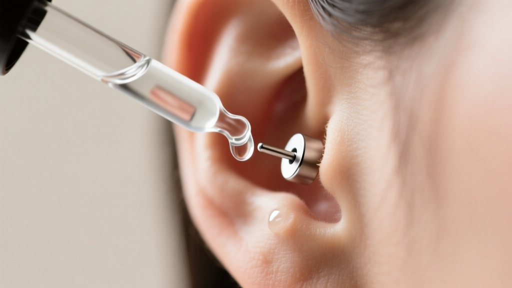Glass dropper applying clear saline to a freshly pierced ear cartilage helix, which features a flat-back titanium labret stud.