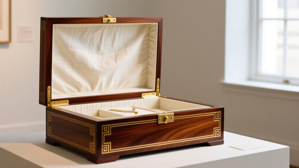Restored mahogany antique jewelry display case with brass inlay, open to reveal archival linen lining under soft gallery light.