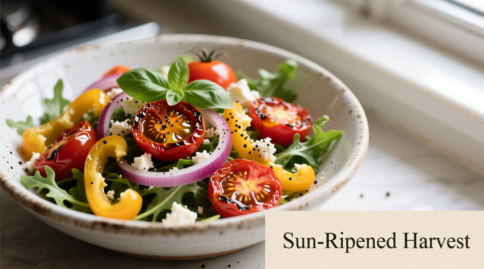 Vibrant sun dried tomato salad in ceramic bowl
