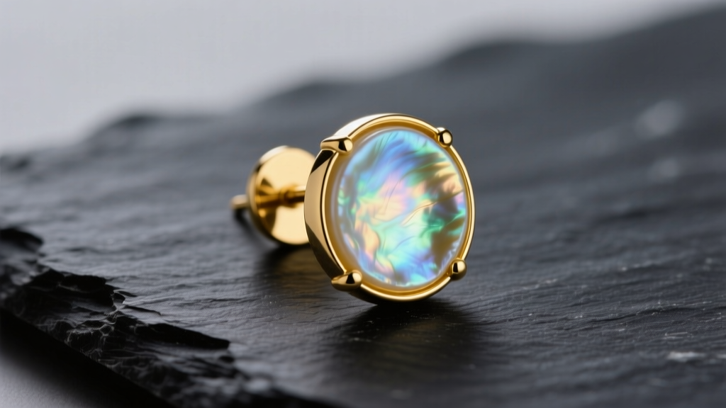 Macro shot of a 14k yellow gold flat Mabe pearl earring on dark slate, highlighting iridescent nacre and flat back in soft light