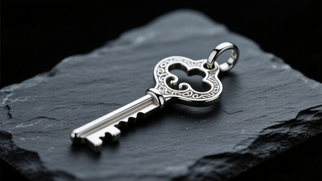 Close-up of a solid 925 sterling silver skeleton key pendant on dark slate, illuminated by soft directional studio lighting.