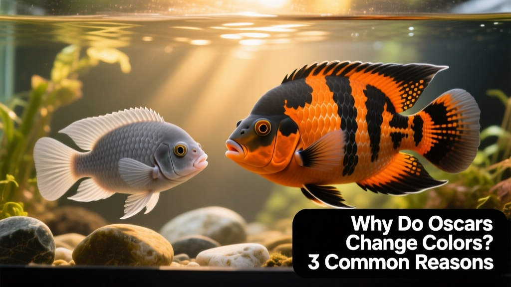Side-by-side comparison showing a young Oscar fry (dull gray) and a mature Oscar (vibrant orange-black)