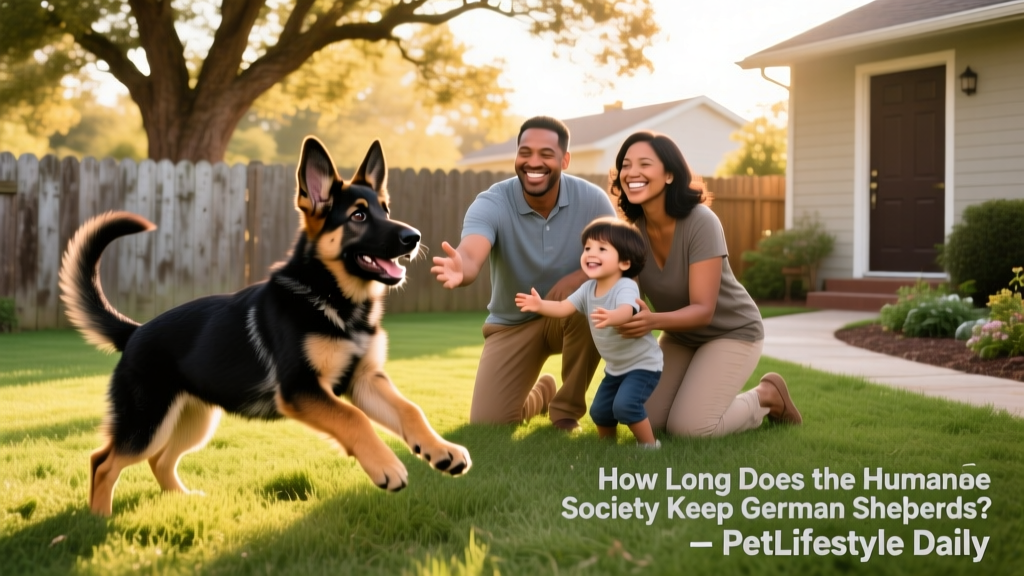 A happy German Shepherd playing in a fenced backyard with their new adoptive family