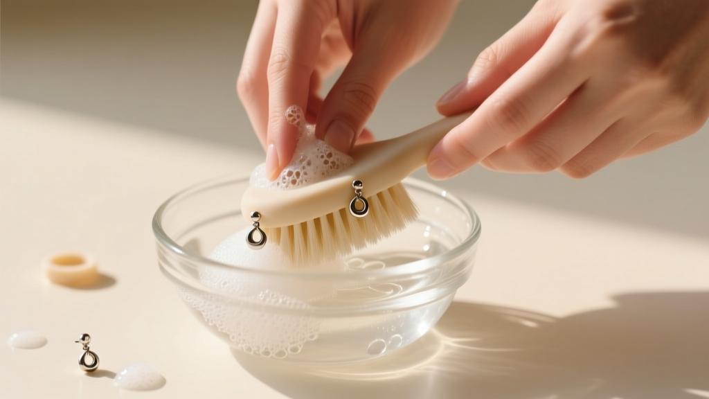 Hands using a soft brush and mild soap to gently scrub silicone earring washers in a small glass bowl under warm lighting