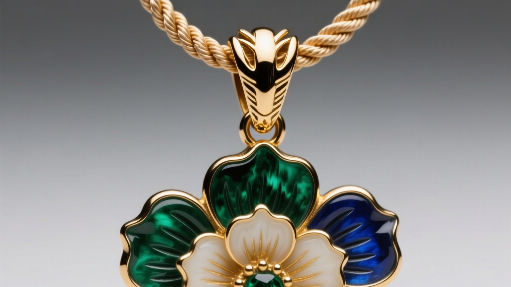 Macro shot of a 15mm brass lobster clasp securing a 3mm rope chain on a heavy floral pendant under bright studio lighting.