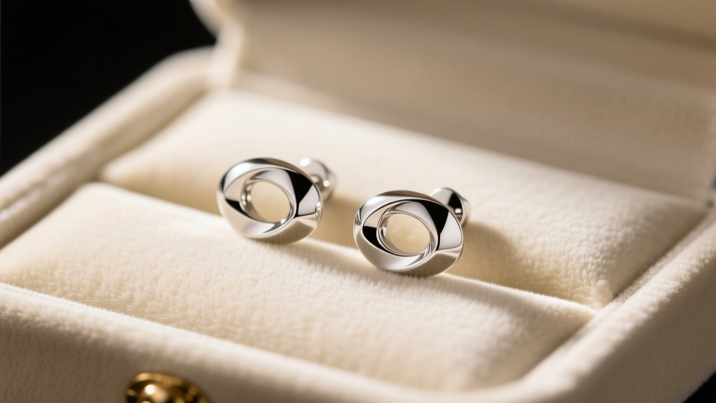 Close-up of sterling silver infinity stud earrings on a cream velvet jewelry tray, illuminated by warm, soft studio lighting.