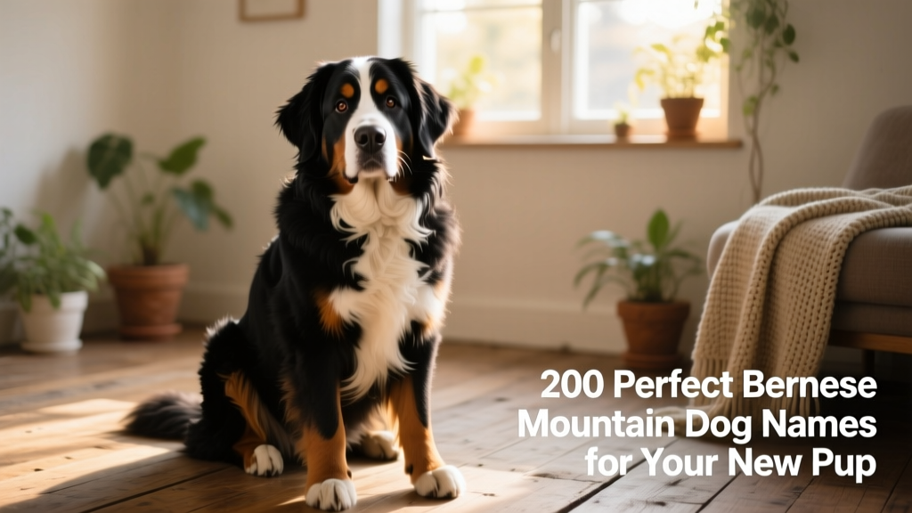 A serene adult Bernese Mountain Dog gazing softly at the camera in natural light