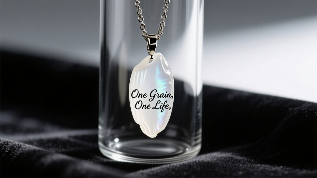 Macro shot of a white rice grain in a clear glass vial pendant showing tiny black cursive text, resting on dark velvet fabric.