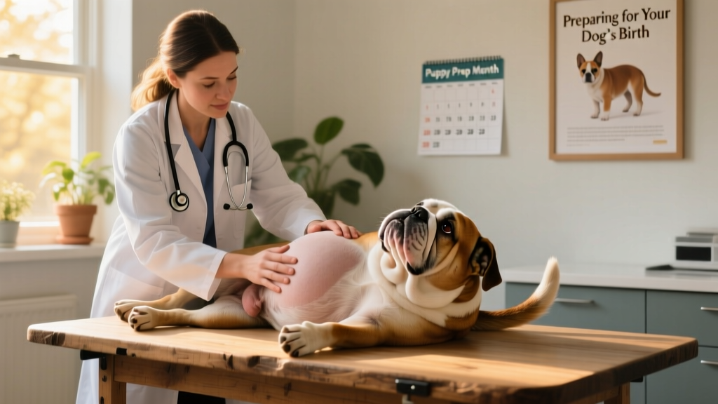 Veterinarian gently palpating a pregnant dog’s abdomen during a routine checkup