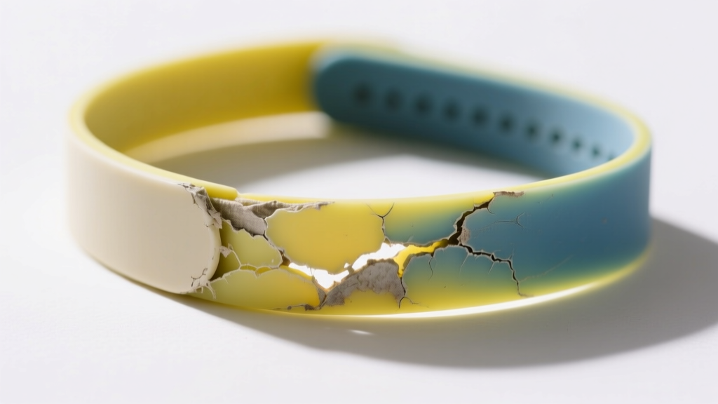 Close-up of a degraded fluoroelastomer fitness band showing micro-tears and UV discoloration after six months of daily wear