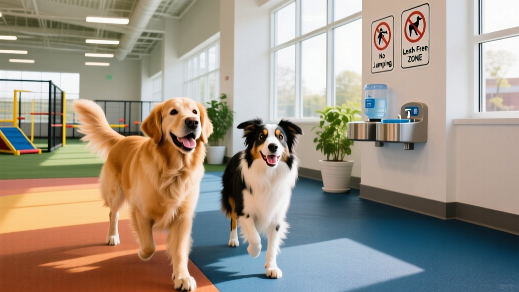 Two friendly dogs playing side-by-side on colorful, non-slip flooring inside an airy indoor dog park with visible safety signage and clean water stations