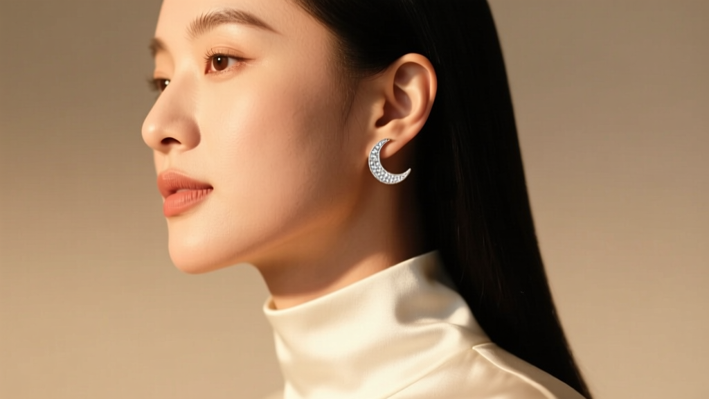 Side profile of a woman with a round face wearing delicate, lightweight silver moon stud earrings under soft, warm studio lighting.