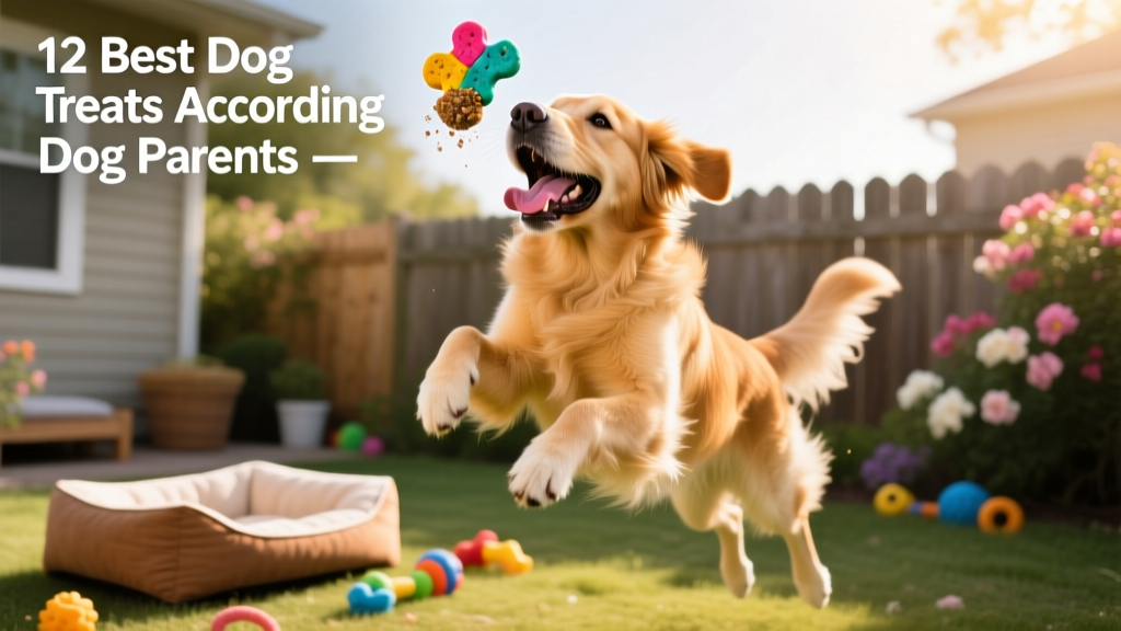 A happy golden retriever catching a treat mid-air