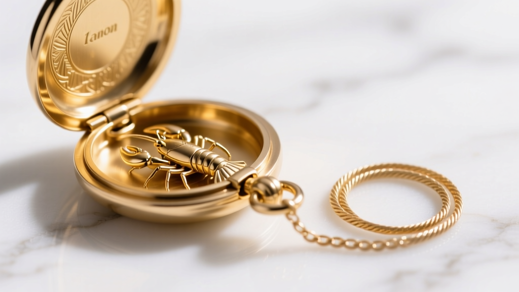 Macro shot of 14k gold locket hinge mechanism and secure lobster clasp on a 1.2mm cable chain, sharply focused on white marble.