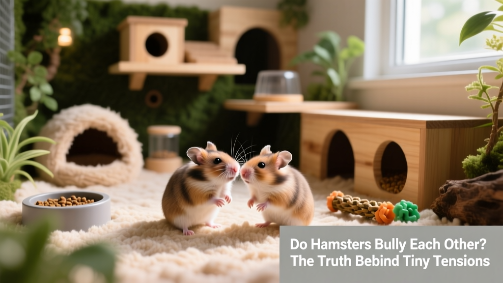 Two dwarf hamsters interacting peacefully in a spacious, well-furnished habitat with multiple exits and separate accessories