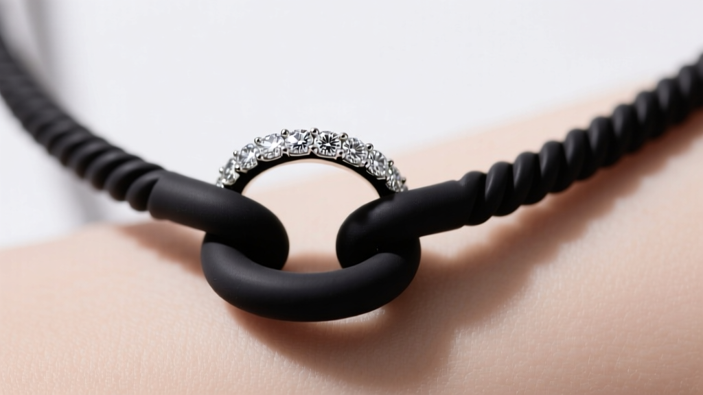 Macro shot of a matte black silicone tension ring holder necklace gripping a platinum diamond eternity band against bare skin.