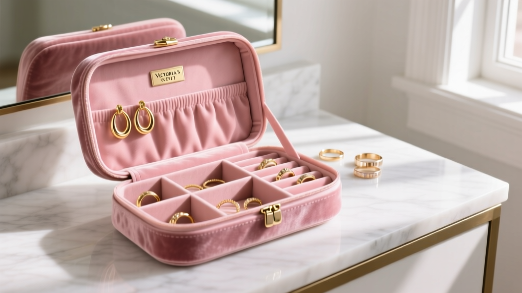 Blush pink Victoria Secret velvet travel jewelry roll open on a marble vanity, revealing compartments for gold hoops and rings.