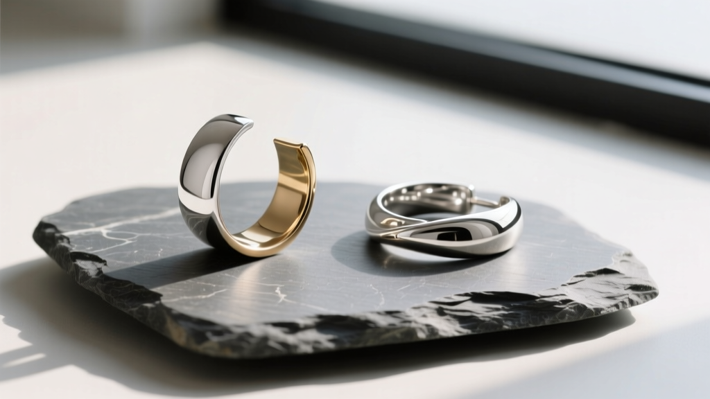 Flat lay of a sculptural silver plated brass ear cuff next to a sterling silver piece on slate stone, showing textural contrast