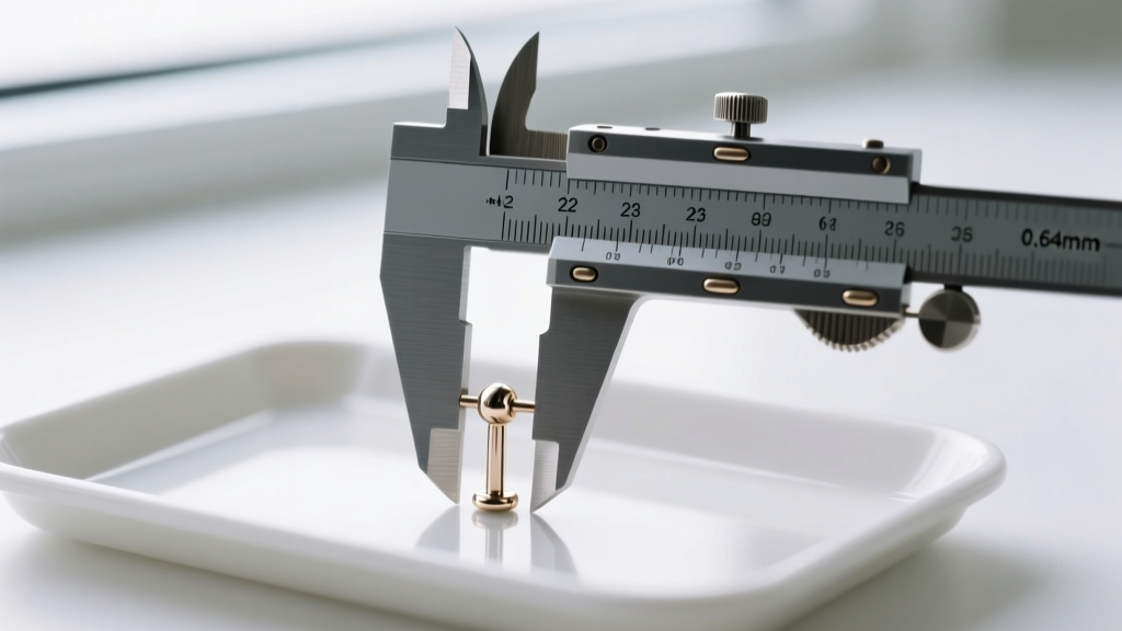 Calipers measuring a 22-gauge titanium earring post on a sterile tray, showing the 0.64mm thickness before a delicate ear insertion.