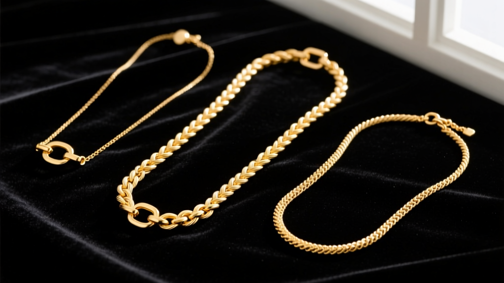 Flat lay on dark velvet displaying four distinct gold necklace lengths, each featuring a unique clasp mechanism and chain weave
