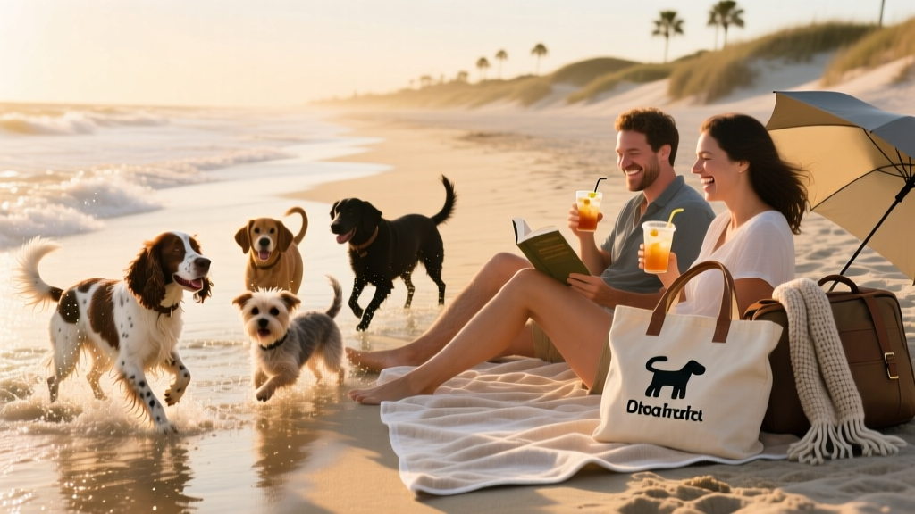 A sandy Gulf Coast beach with dogs splashing in gentle waves and owners relaxing nearby