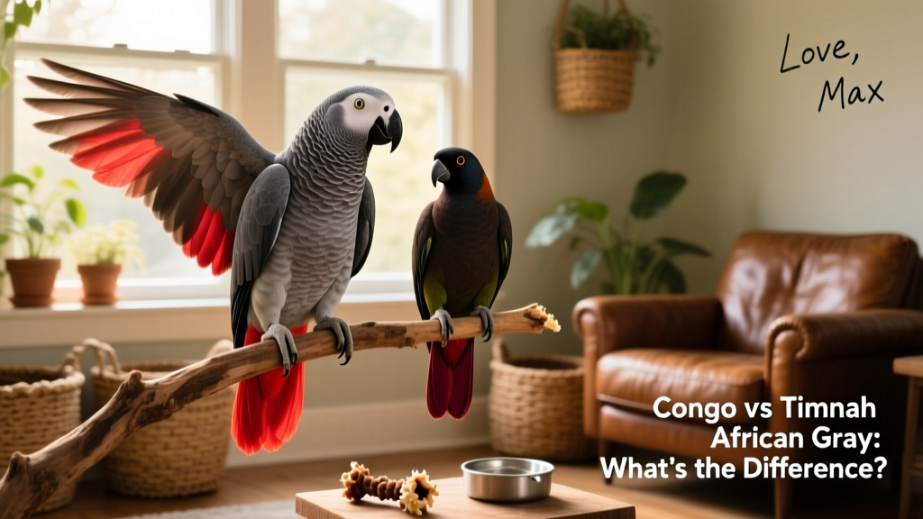 Side-by-side comparison showing size difference between a Congo and Timneh African grey