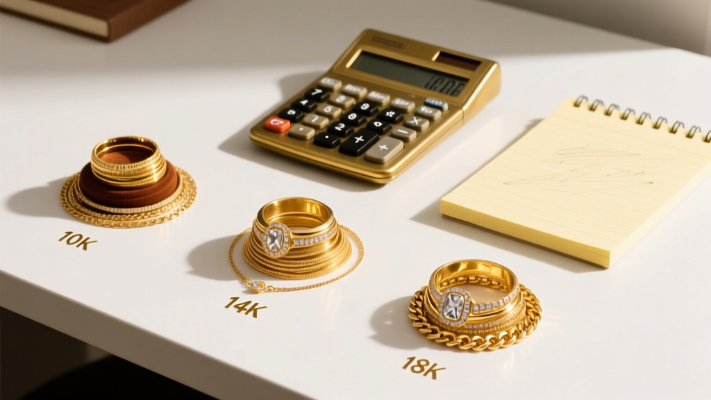 Overhead view of a desk showing separated piles of 10k, 14k, and 18k gold jewelry next to a calculator and a yellow notepad.