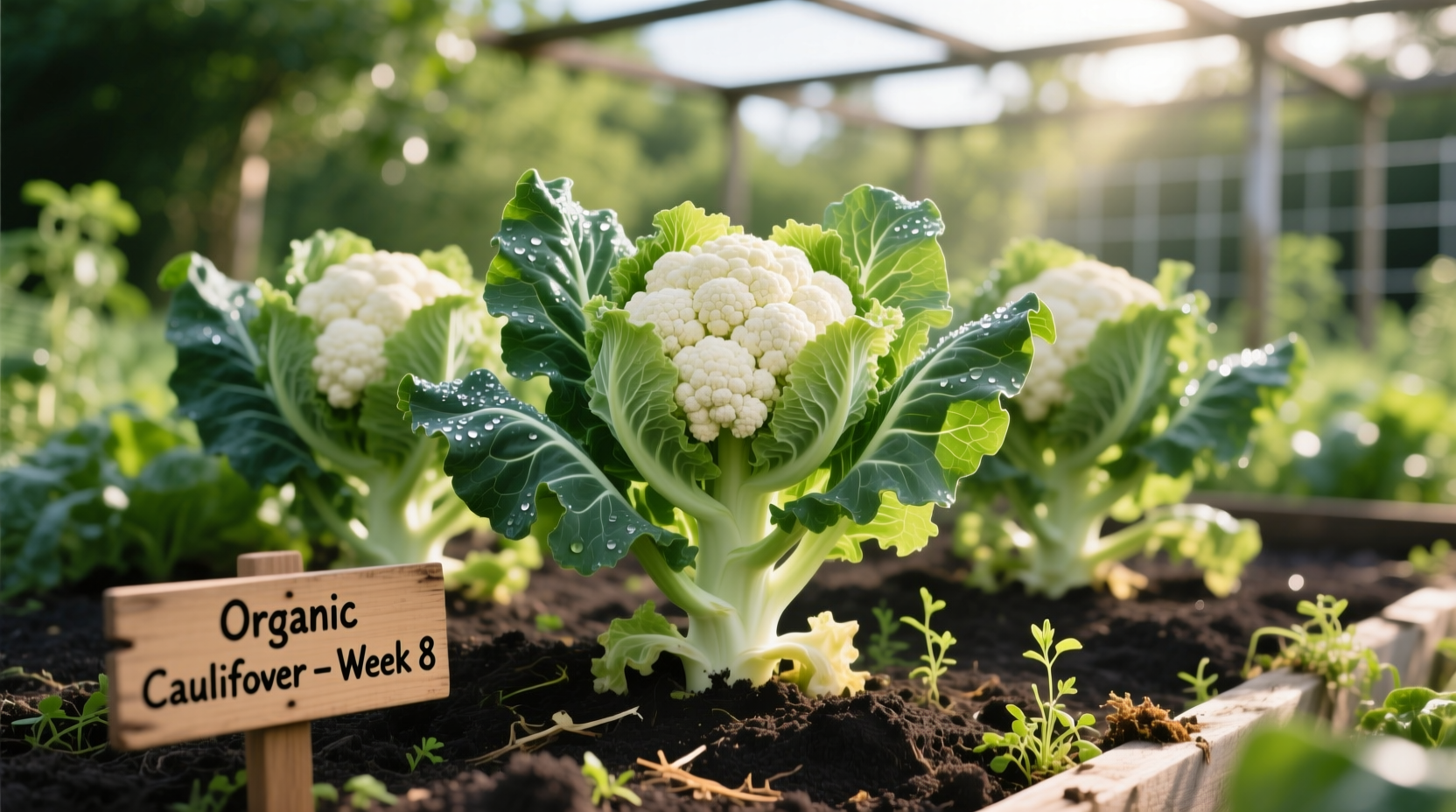 Healthy cauliflower plants growing in garden bed