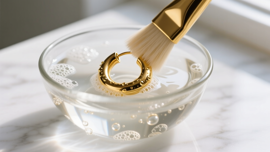 Soft brush gently scrubbing a solid gold cartilage hoop earring in a glass bowl of soapy water on a bright white marble countertop